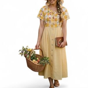 VTG Expo Mixed Print Midi Dress ButterYellow Gingham Floral Cottagecore Button 8